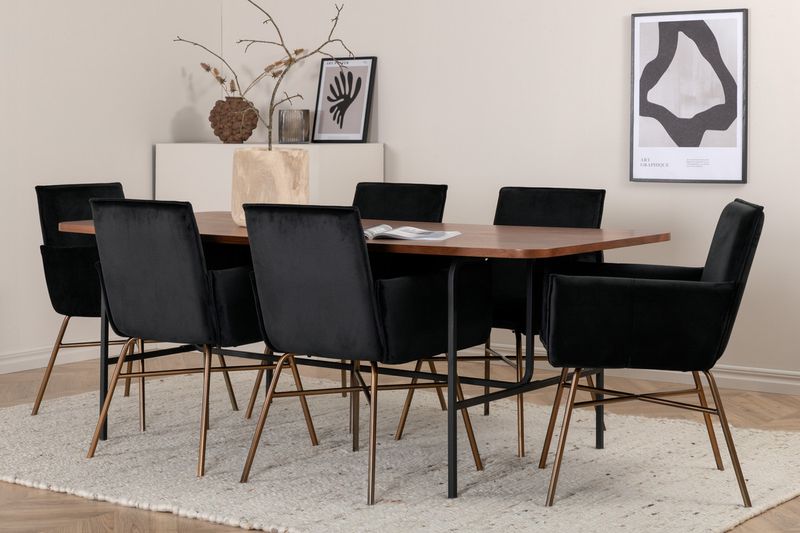 Venture Home Petra & Uno 6 st Matstolar Svart + Rektangulärt Matbord 200 x 90 Natur