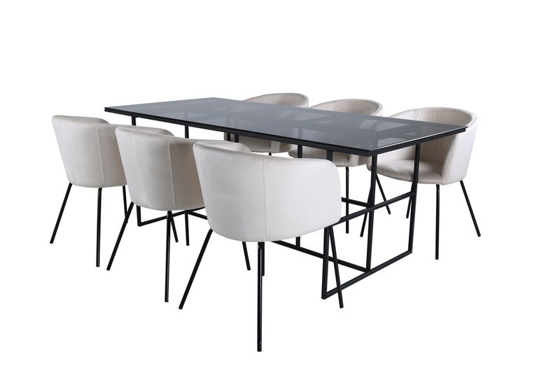 Venture Home Berit & Leif 6 st Matstolar Beige + Rektangulärt Matbord 200 x 90 Svart