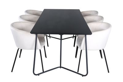 Venture Home Berit & Petra 6 st Matstolar Beige + Rektangulärt Matbord 190 x 90 Svart