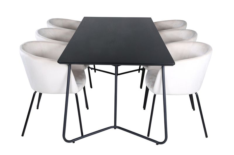 Venture Home Berit & Petra 6 st Matstolar Beige + Rektangulärt Matbord 190 x 90 Svart