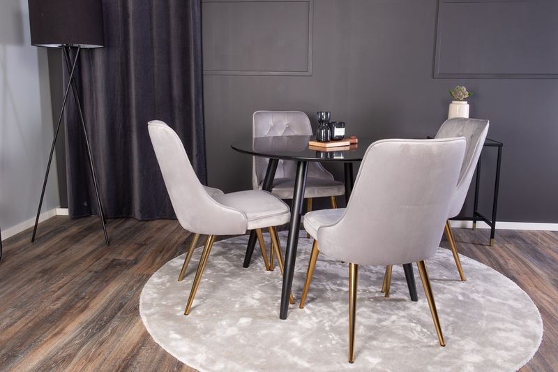 Venture Home Velvet Deluxe & Plaza 4 st Matstolar Grå + Runt Matbord ⌀100 Svart