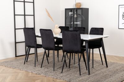 Venture Home Jimmy & Windu Rektangulärt Matbord 195 x 90 Vit + 6 st Matstolar Svart