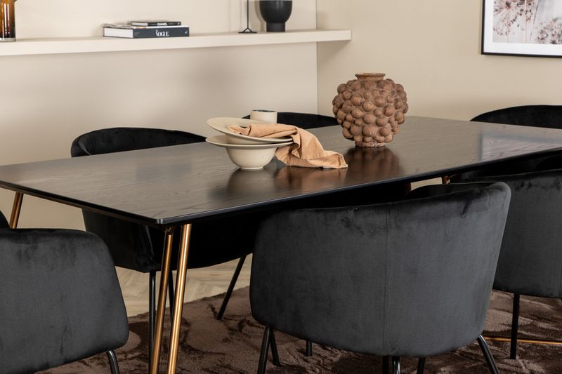 Venture Home Berit & Petra 6 st Matstolar Svart + Rektangulärt Matbord 190 x 90 Svart