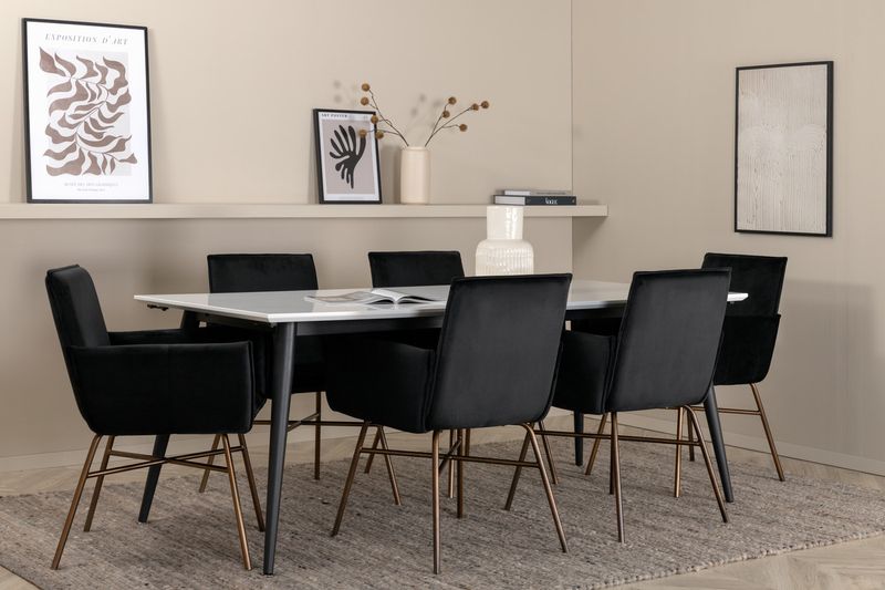 Venture Home Jimmy & Petra Rektangulärt Matbord 195 x 90 Vit + 6 st Matstolar Svart