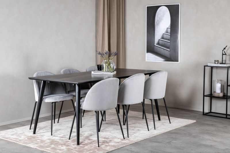 Venture Home Wrinkles & Dipp 6 st Matstolar Grå + Rektangulärt Matbord 180 x 90 Svart