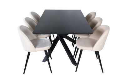 Venture Home Velvet & Piazza 6 st Matstolar Beige + Rektangulärt Matbord 180 x 90 Svart