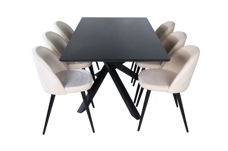 Venture Home Velvet & Piazza 6 st Matstolar Beige + Rektangulärt Matbord 180 x 90 Svart