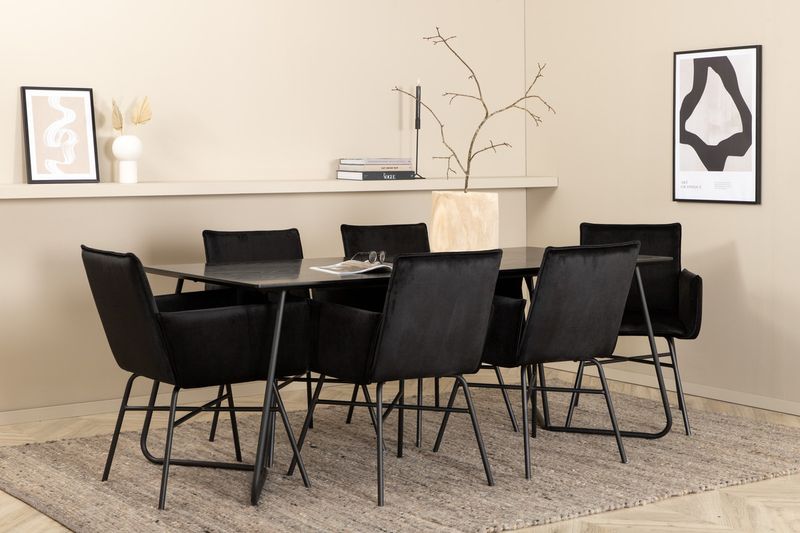 Venture Home Petra Rektangulärt Matbord 190 x 90 Svart + 6 st Matstolar Svart