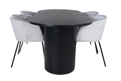 Venture Home Berit & Bianca 4 st Matstolar Grå + Ovalt Matbord 200 x 90 Svart