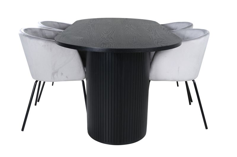 Venture Home Berit & Bianca 4 st Matstolar Grå + Ovalt Matbord 200 x 90 Svart