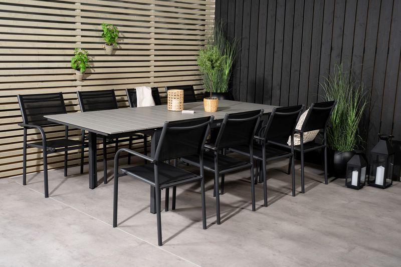 Venture Home Levels & Santorini Rektangulärt Matbord 160 x 100 Svart + 8 st Matstolar Svart