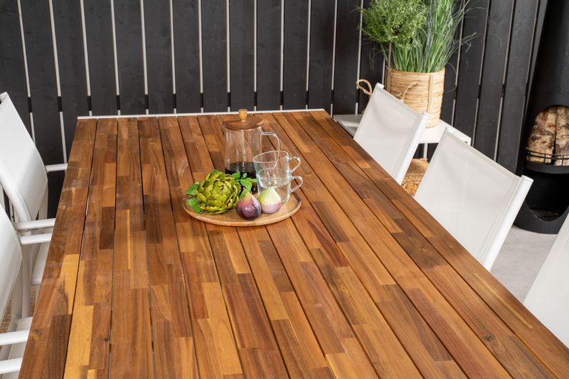 Venture Home Santorini & Bois 6 st Matstolar Vit + Rektangulärt Matbord 200 x 100 Natur