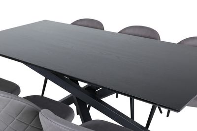 Venture Home Velvet & Piazza 6 st Matstolar Grå + Rektangulärt Matbord 180 x 90 Svart