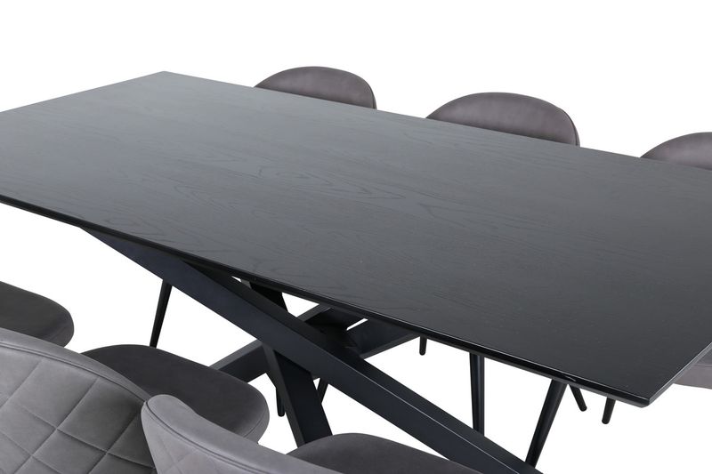 Venture Home Velvet & Piazza 6 st Matstolar Grå + Rektangulärt Matbord 180 x 90 Svart