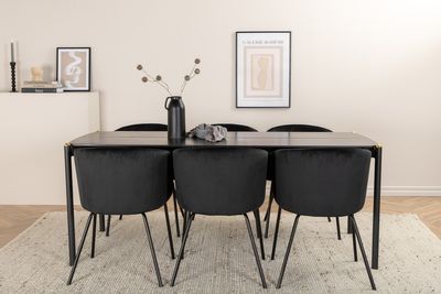 Venture Home Berit & Pelle 6 st Matstolar Svart + Rektangulärt Matbord 190 x 90 Svart