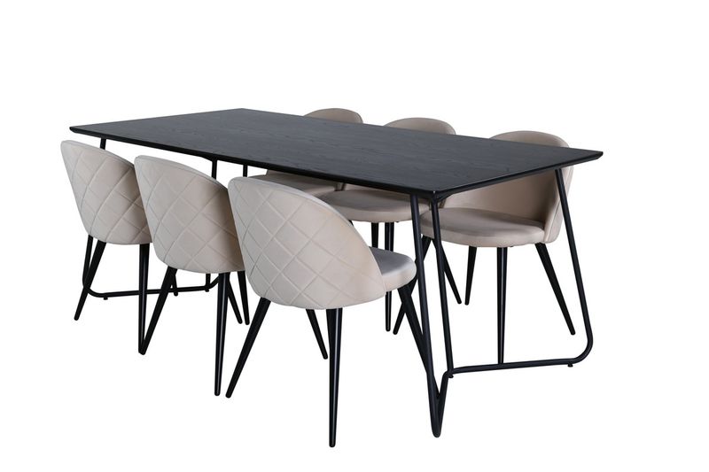Venture Home Petra & Velvet Rektangulärt Matbord 190 x 90 Svart + 6 st Matstolar Beige