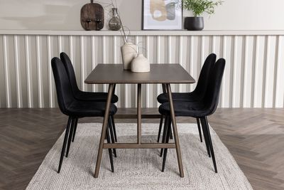 Venture Home Polar & Kaseidon 4 st Matstolar Svart + Rektangulärt Matbord 120 x 80 Mörkbrun