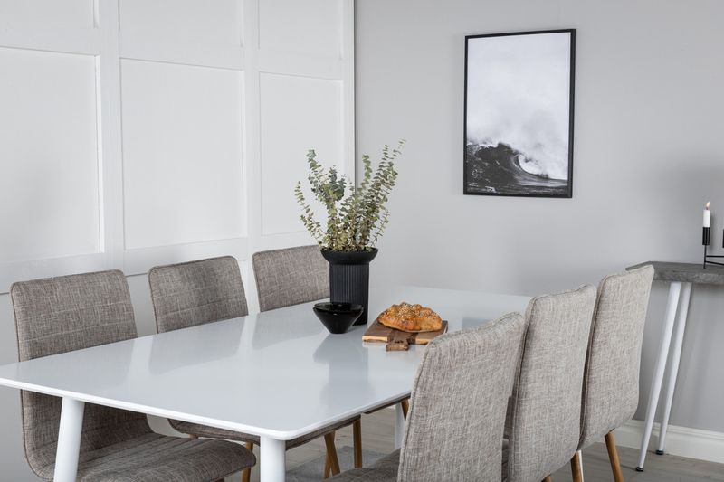 Venture Home Polar & Windu Rektangulärt Matbord 180 x 90 Vit + 6 st matstolar grå