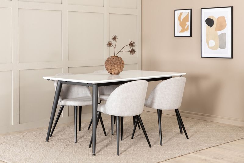 Venture Home Jimmy & Velvet Rektangulärt Matbord 150 x 90 Vit + 4 st Matstolar Grå