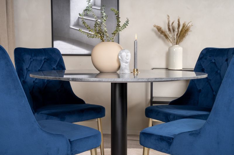 Venture Home Estelle & Velvet Deluxe Runt Matbord ⌀106 Mörkgrå + 4 st Matstolar Blå