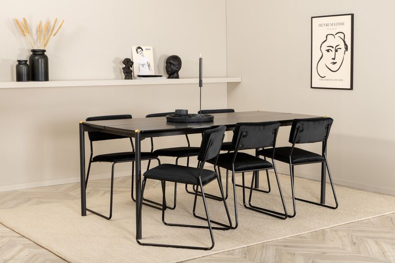 Venture Home Kenth & Pelle 6 st Matstolar Svart + Rektangulärt Matbord 190 x 90 Svart