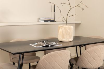 Venture Home Petra & Velvet Rektangulärt Matbord 190 x 90 Svart + 6 st Matstolar Beige