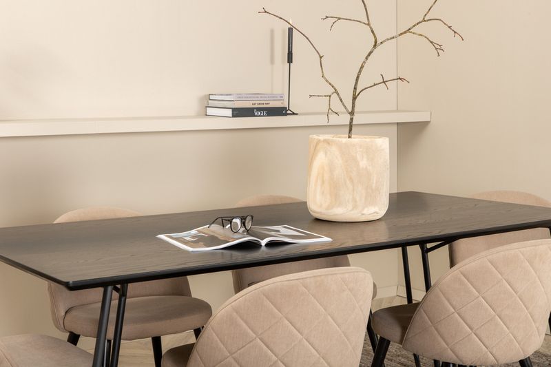 Venture Home Petra & Velvet Rektangulärt Matbord 190 x 90 Svart + 6 st Matstolar Beige