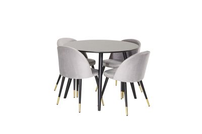 Venture Home Velvet & Plaza 4 st Matstolar Grå + Runt Matbord ⌀100 Svart