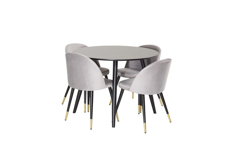 Venture Home Velvet & Plaza 4 st Matstolar Grå + Runt Matbord ⌀100 Svart