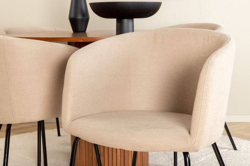 Venture Home Berit & Bianca 4 st Matstolar Beige + Runt Matbord ⌀110 Valnöt