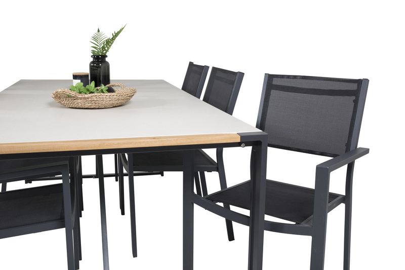 Venture Home Copacabana & Texas 6 st Matstolar Svart + Rektangulärt Matbord 200 x 100 Ljusgrå