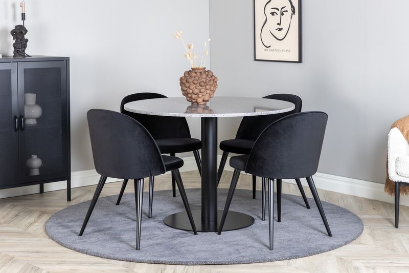 Venture Home Razzia & Velvet Runt Matbord ⌀106 Grå + 4 st Matstolar Svart