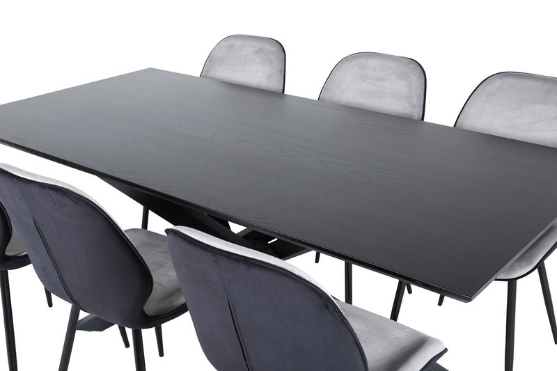 Venture Home Emma & Piazza 6 st Matstolar Grå + Rektangulärt Matbord 180 x 90 Svart