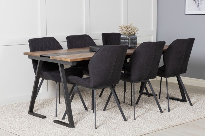 Venture Home Gemma & Jakarta 6 st Matstolar Svart + Rektangulärt Matbord 200 x 90 Svart