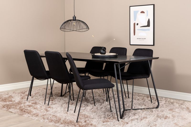 Venture Home Muce & Petra 6 st Matstolar Svart + Rektangulärt Matbord 190 x 90 Svart