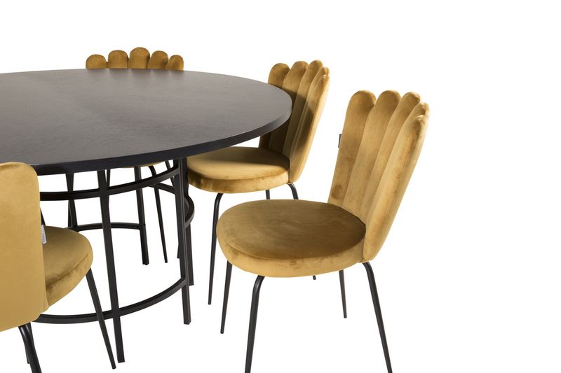 Venture Home Limhamn & Copenhagen 6 st Matstolar Gul + Runt Matbord ⌀140 Svart