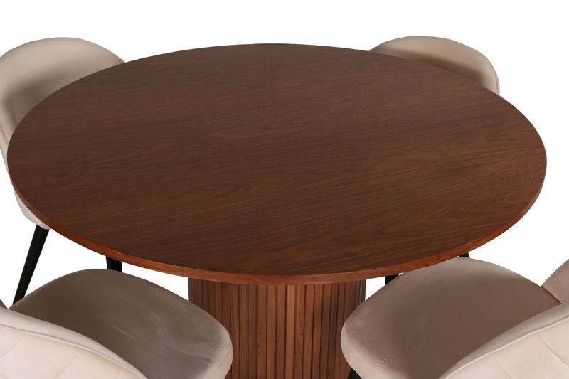 Venture Home Bianca & Velvet Runt Matbord ⌀110 Valnöt + 4 st Matstolar Beige