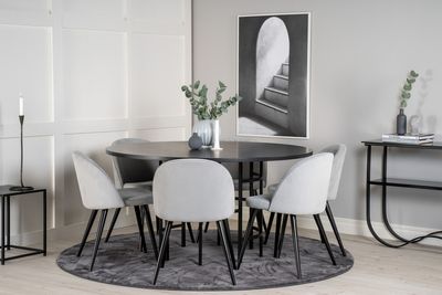 Venture Home Copenhagen & Velvet Runt Matbord ⌀140 Svart + 6 st Matstolar Ljusgrå