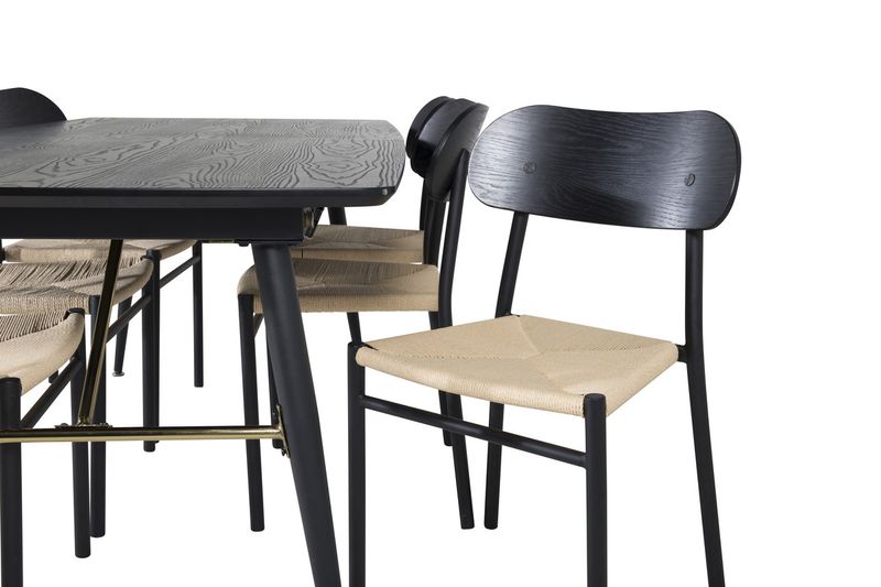 Venture Home Gold & Polly Rektangulärt Matbord 180 x 85 Svart + 6 st Matstolar Svart