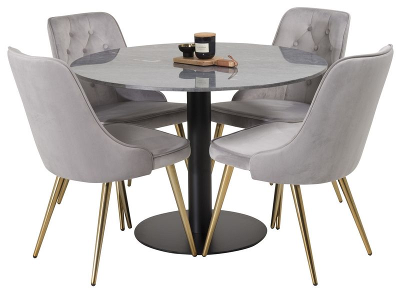 Venture Home Estelle & Velvet Deluxe Runt Matbord ⌀106 Mörkgrå + 4 st Matstolar Grå