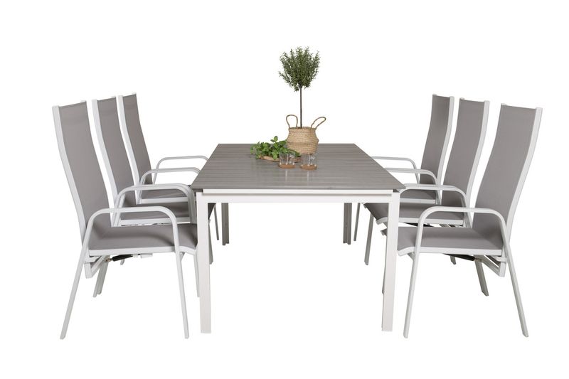Venture Home Levels & Copacabana Rektangulärt Matbord 160 x 100 Vit + 6 st Reclinerstolar Grå