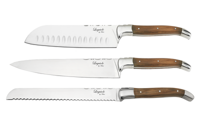 Laguiole By Hâws kockknivset med 3 knivar i olivträ och skärbräda i bambu