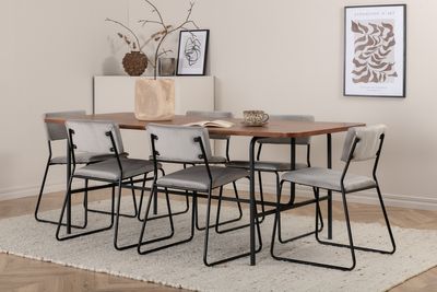 Venture Home Kenth & Uno 6 st Matstolar Grå + Rektangulärt Matbord 200 x 90 Natur