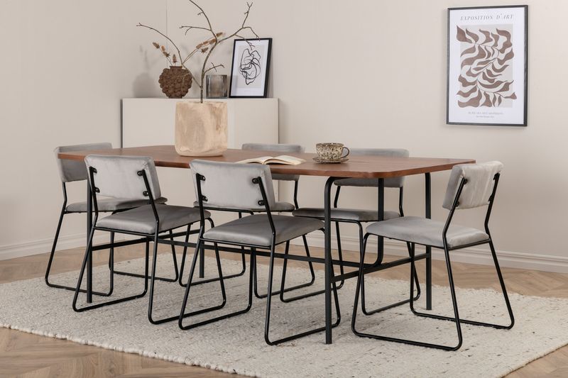 Venture Home Kenth & Uno 6 st Matstolar Grå + Rektangulärt Matbord 200 x 90 Natur