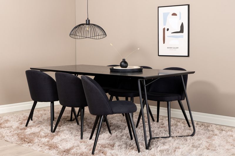 Venture Home Petra & Velvet Rektangulärt Matbord 190 x 90 Svart + 6 st Matstolar Svart