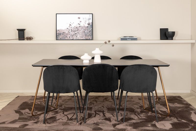 Venture Home Wrinkles & Petra 6 st Matstolar Svart + Rektangulärt Matbord 190 x 90 Svart