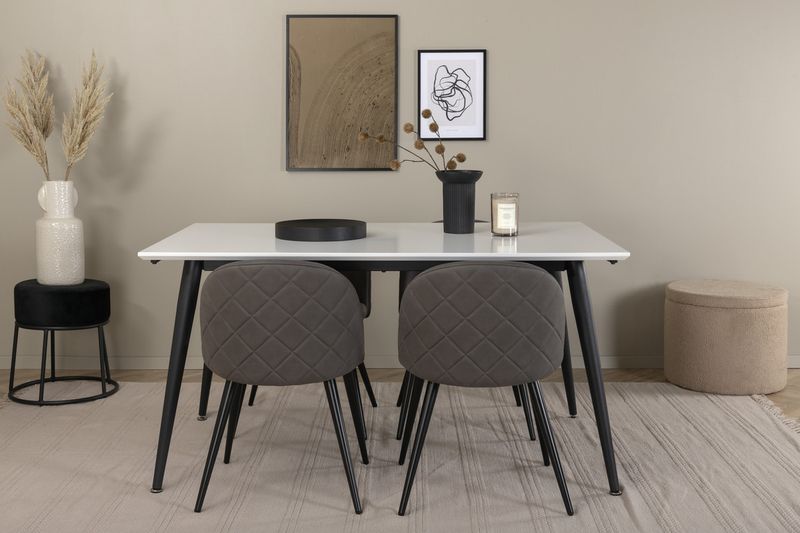 Venture Home Jimmy & Velvet Rektangulärt Matbord 150 x 90 Vit + 4 st Matstolar Grå