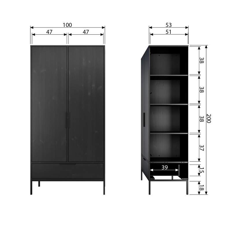 WOOOD Adam 2-dörrars Skåp i Svart Furu