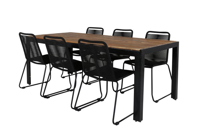 Venture Home Lindos & Bois 6 st Matstolar Svart + Rektangulärt Matbord 205 x 90 Natur
