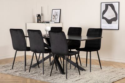 Venture Home Windu & Piazza 6 st Matstolar Svart + Rektangulärt Matbord 180 x 90 Svart
